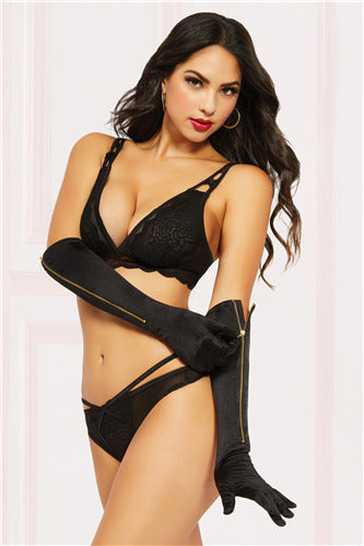Satin Elbow Gloves W Gold Zip 40168 Blk OS